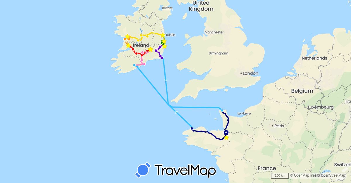 TravelMap itinerary: driving, boat, day 1, day 2, day 3, day 4, day 5, day 6, day 7, day 8 in France, Ireland (Europe)